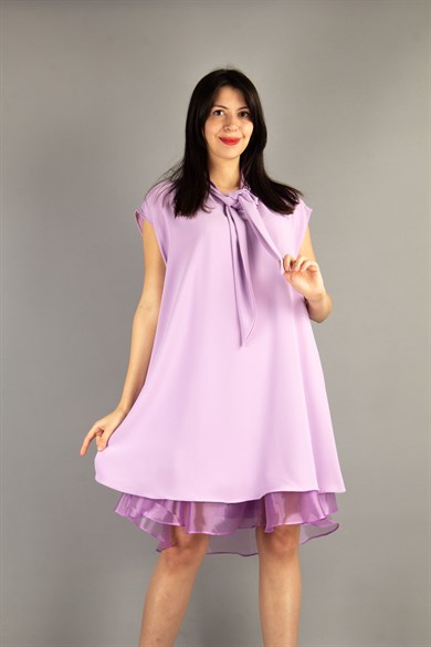 Sleeveless Front Neck Tie Big Size Dress With Tulle Detail - Lilac