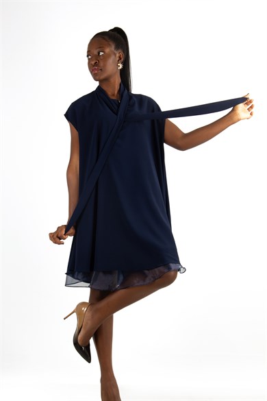 Sleeveless Front Neck Tie Big Size Dress With Tulle Detail - Navy Blue