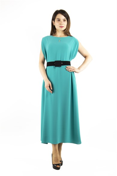 Sleeveless Long Big Size Dress With Belt - Benetton Green
