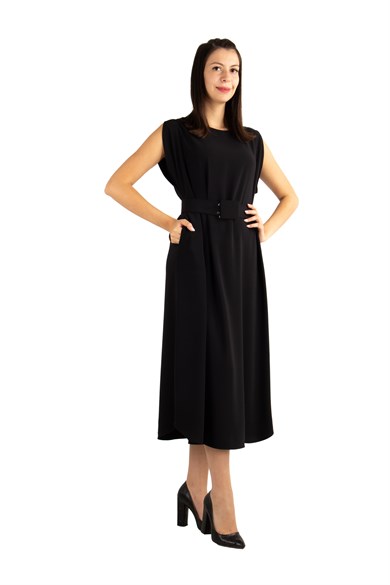 Sleeveless Long Dress With Belt - Black