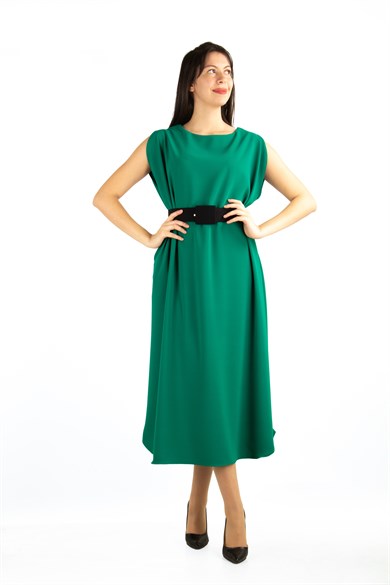Sleeveless Long Dress With Belt - Emerald Green