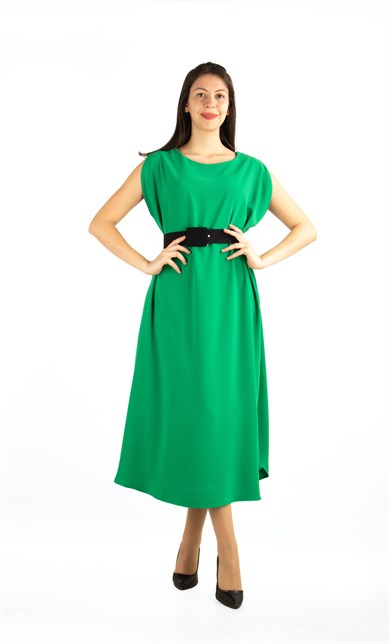 Sleeveless Long Dress With Belt - Grass Green