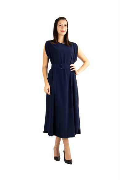 Sleeveless Long Dress With Belt - Navy Blue