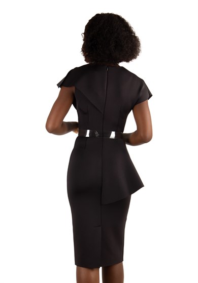 Sleeveless Peplum Scuba Dress With Pearl Belt Detail - Black