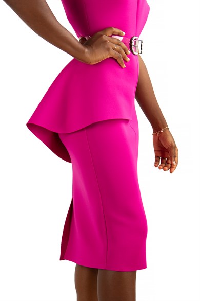Sleeveless Peplum Scuba Dress With Pearl Belt Detail - Fuchsia