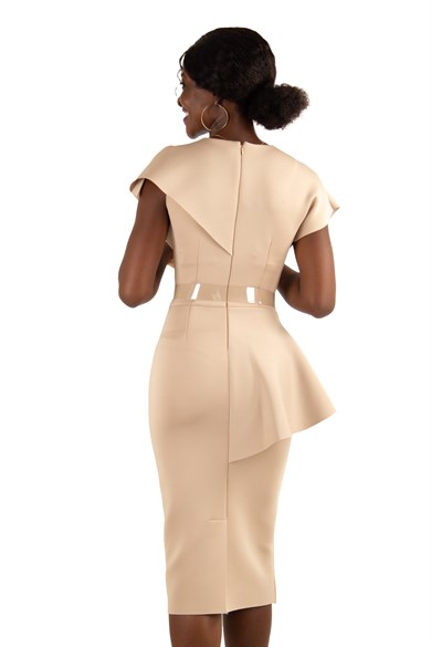 Sleeveless Peplum Scuba Dress With Pearl Belt Detail - Beige