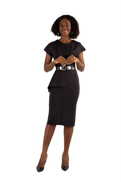 Sleeveless Peplum Scuba Dress With Pearl Belt Detail - Black
