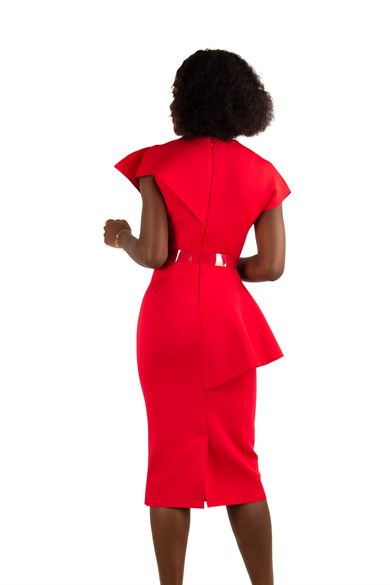 Sleeveless Peplum Scuba Dress With Pearl Belt Detail - Red