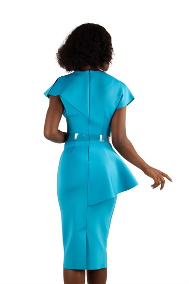 Sleeveless Peplum Scuba Dress With Pearl Belt Detail - Petrol Blue