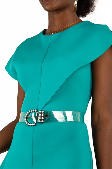Sleeveless Peplum Scuba Dress With Pearl Belt Detail - Benetton Green