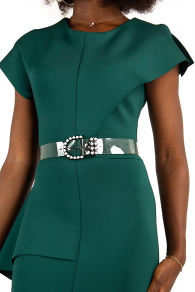 Sleeveless Peplum Scuba Dress With Pearl Belt Detail - Emerald Green