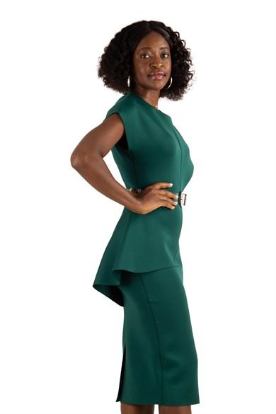Sleeveless Peplum Scuba Dress With Pearl Belt Detail - Emerald Green