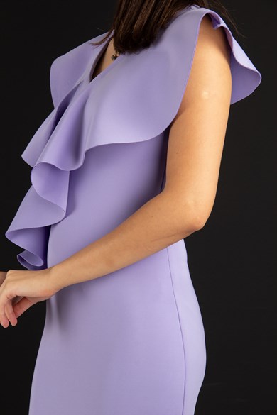 Sleeveless Ruffled Scuba Big Size Dress - Lilac
