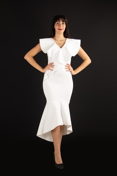 Sleeveless Ruffled Scuba Big Size Dress - White