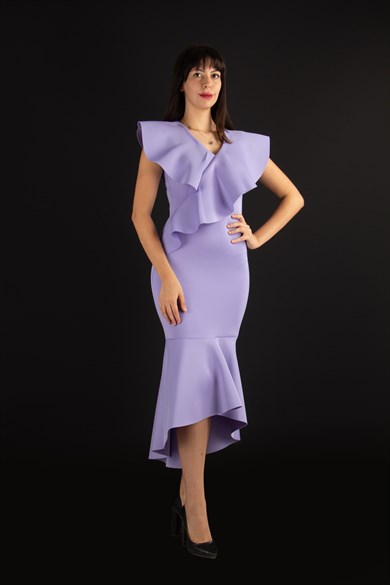 Sleeveless Ruffled Scuba Big Size Dress - Lilac