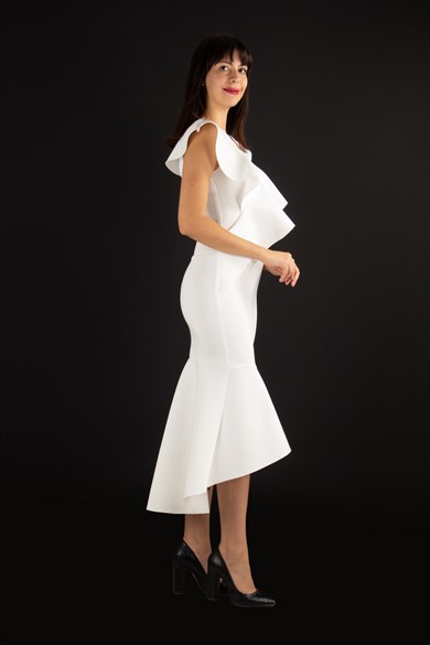 Sleeveless Ruffled Scuba Dress - White