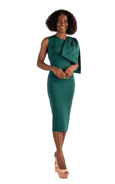Sleeveless Stone Bow Detail Shoulder Scuba Dress - Emerald Green