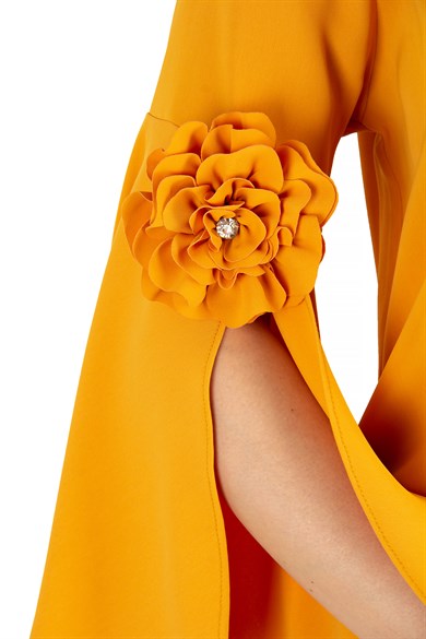Slit Sleeve Big Size Dress with Rose Detail - Mustard