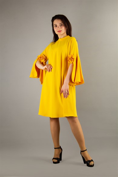 Slit Sleeve Big Size Dress with Rose Detail - Yellow
