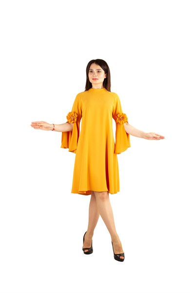Slit Sleeve Big Size Dress with Rose Detail - Mustard