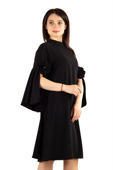 Slit Sleeve Big Size Dress with Rose Detail - Black