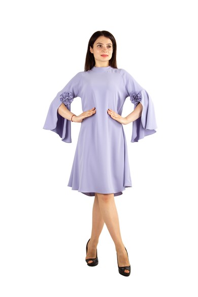 Slit Sleeve Big Size Dress with Rose Detail - Lilac