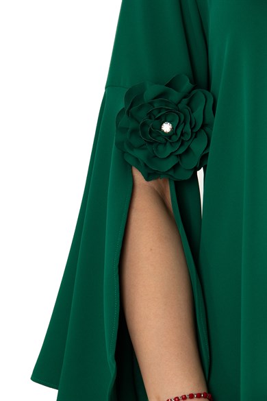 Slit Sleeve Big Size Dress with Rose Detail - Emerald Green
