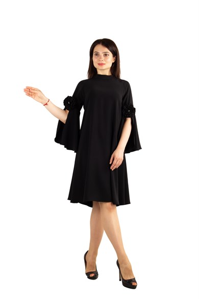 Slit Sleeve Dress with Rose Detail - Black