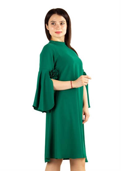 Slit Sleeve Dress with Rose Detail - Emerald Green