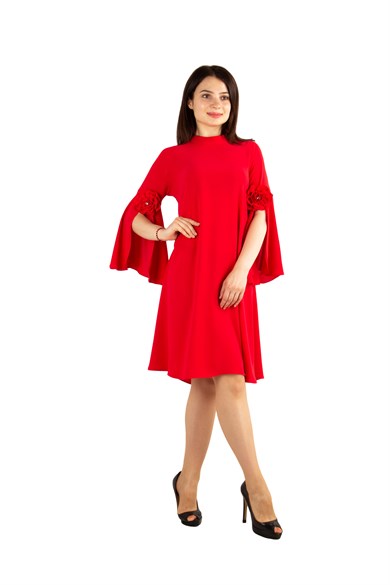 Slit Sleeve Dress with Rose Detail - Red