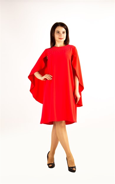 Stone Detail Cape Dress - Red