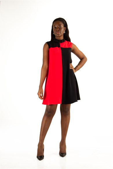 Stone Neck Sleeveless Dress - Red/Black