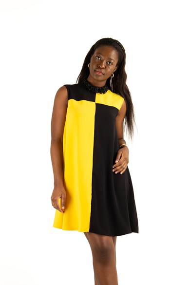 Stone Neck Sleeveless Dress - Yellow/Black