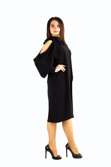 Tie Cold Shoulder Big Size Dress - Black
