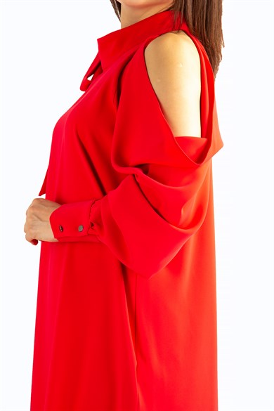 Tie Cold Shoulder Big Size Dress - Red