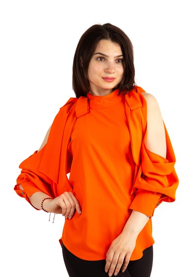 Tie Cold Shoulder Blouse - Orange