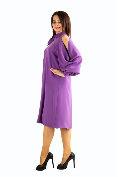 Tie Cold Shoulder Dress - Purple
