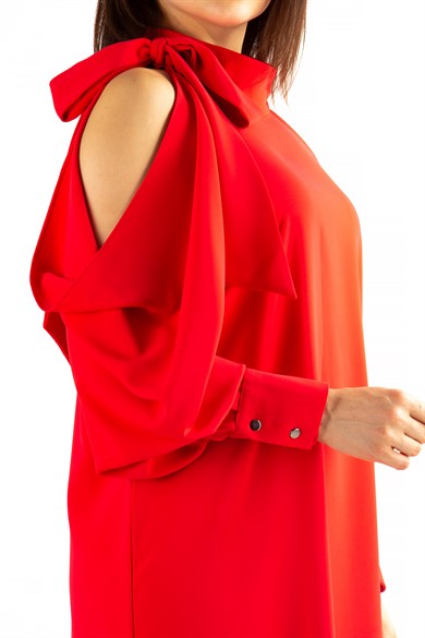 Tie Cold Shoulder Dress - Red