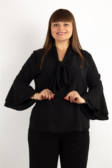 Tie Neck Bell Sleeves Big Size Blouse - Black