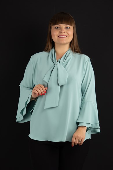 Tie Neck Bell Sleeves Big Size Blouse - Mint Green