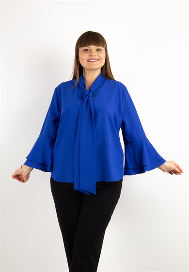 Tie Neck Bell Sleeves Big Size Blouse - Saxe