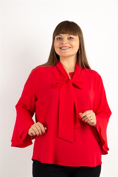 Tie Neck Bell Sleeves Big Size Blouse - Red