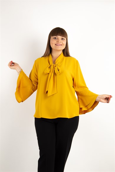 Tie Neck Bell Sleeves Big Size Blouse - Mustard