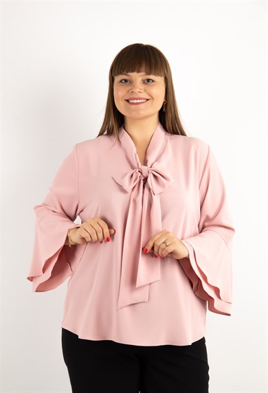 Tie Neck Bell Sleeves Big Size Blouse