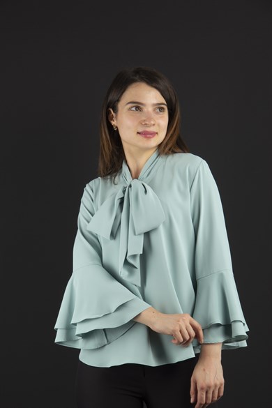 Tie Neck Bell Sleeves Blouse - Mint Green