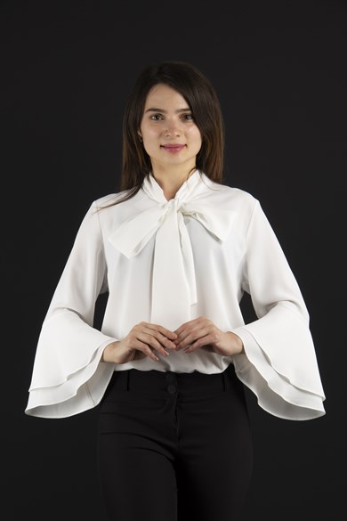 Tie Neck Bell Sleeves Blouse - White