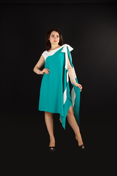 Tie Shoulder Off Shoulder Asymmetric Dress - Benetton Green