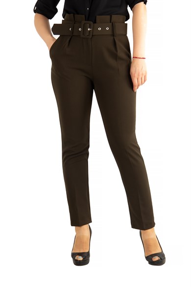 Trousers With Matching Belt Casual Formal Office Pants For Ladies - Khaki