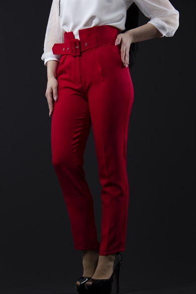 Trousers With Matching Belt Casual Formal Office Pants For Ladies - Red