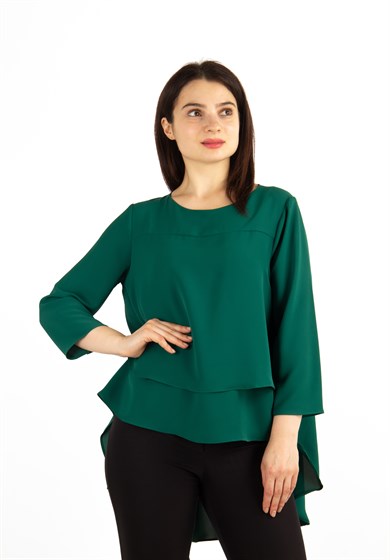Tulle Back Asymmetric Blouse - Emerald Green